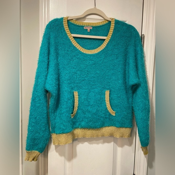 Juicy Couture Soft Fuzzy Turquoise Knit Sweater Gold Metallic Trim Size L - Picture 1 of 9